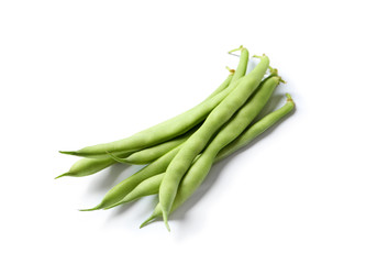 Pile of fresh green beans on white background