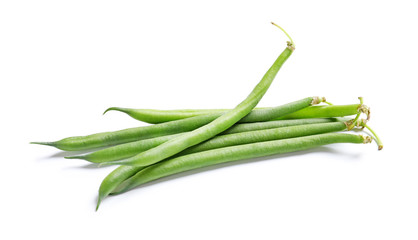 Fresh green French beans on white background