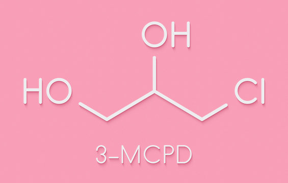 3-MCPD carcinogenic food by-product molecule. Produced when hydrochloric acid is added to food to speed up protein hydrolysis. Skeletal formula.