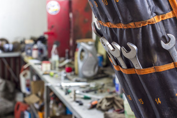 Wrenches in a case on a blurry background of the workplace of an auto mechanic