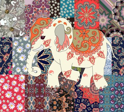 Endless patchwork pattern with cute cartoon indian elephant in vector. Ethnic motives.