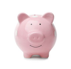 Cute pink piggy bank on white background. Money saving