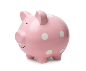 Cute pink piggy bank on white background. Money saving