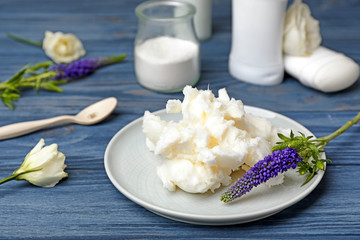 Ingredients for natural homemade deodorant on wooden table