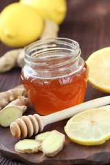 Ginger, lemon and honey for making hot drink. Healthcare