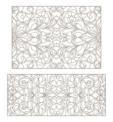 Set contour illustrations of stained glass with abstract swirls and flowers , horizontal orientation