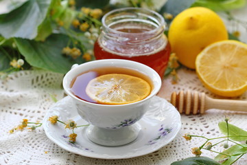 Herbal tea with linden flowers, honey and lemon