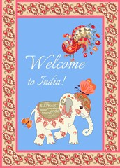 Naklejka premium Cute invitation card or banner with indian elephant, butterflies, peacock and paisley frame in vector. Welcome to India.