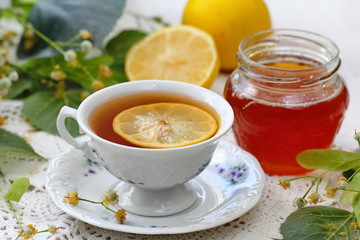 Herbal tea with linden flowers, honey and lemon