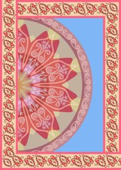 Vertical card with paisley frame and half of mandala on sky blue background in vector. Towel. Ethnic motives.