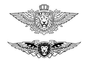 Naklejka premium Winged Roaring Lion Shield Insignias