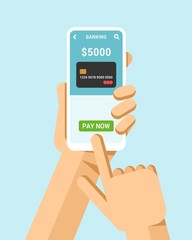 Hand holds the smartphone. Financial operation with premium credit card. Flat vector modern phone mock-up illustration