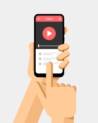 Hand holds the smartphone and watching a video clip on the screen. Flat vector modern phone mock-up illustration