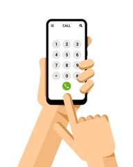 Hand holds the smartphone with keyboard on the screen. Flat vector modern phone mock-up illustration