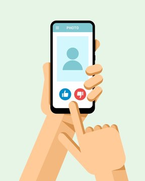 Hand holds the smartphone with like and dislike buttons under the photo on the screen. Flat vector modern phone mock-up illustration