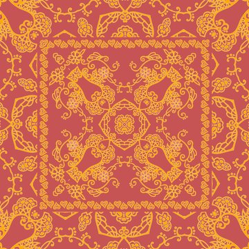 Square carpet with beautiful oriental ornament. Beautiful silk scarf in vector.
