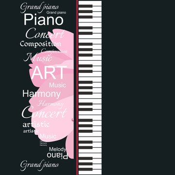 Musical banner with piano keyboard, abstract text and gentle pink petals of cosmos flower on black background.
