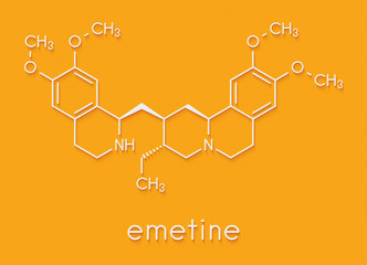 Emetine molecule. Has emetic (induces vomiting) and anti-protozoal properties. Skeletal formula.