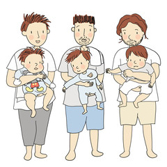 Vector illustration of three fathers holding little kids together. Family concept - happy father's day card, daddy and son & daughter, early childhood development. Cartoon character drawing style.