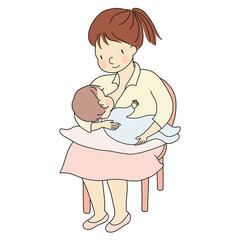 Vector illustration of mother holding baby in arms and breastfeeding. Family concept - mom & kid, heath, lactation, happy mother's day. Cartoon character drawing.