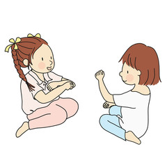 Vector illustration of two little kids playing Rock, Paper, Scissors hand game. Early childhood development, friend, friendship concept. Cartoon character drawing style. Isolated on white background.