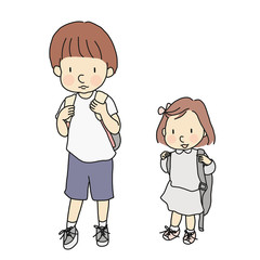 Vector illustration of little kids carrying school backpack. Early childhood development, first day of school, education, family concept. Cartoon character drawing style. Isolated on white background.