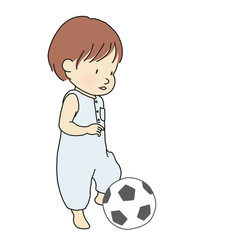 Vector illustration of toddler trying to kick football soft toy. Little kid playing ball. Early childhood development activity, family concept. Cartoon character drawing. Isolated on white background.