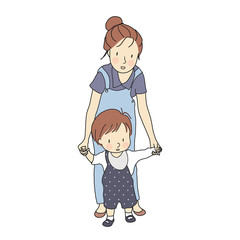 Vector illustration of little toddler first steps. Mother holding baby hand and helping him learn to walk. Early childhood development, family, happy mother's day concept. Cartoon character drawing.