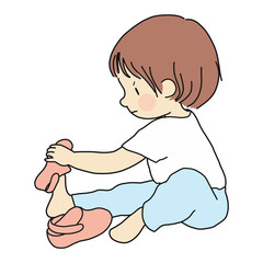 Vector illustration of little toddler sitting on floor and trying to put on his own shoes. Early childhood development, education, learning, dressing skill concept. Cartoon character drawing.