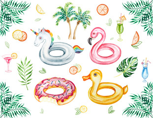 Watercolor beach tropical  set. Hand drawn summer objects: citrus, cocktails, palm, leaves and inflatable pool floats. Illustration isolated on white background.