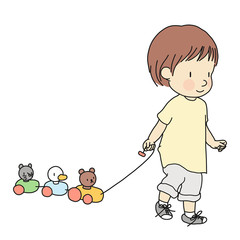 Vector illustration of little toddler pulling colorful wooden animal pull along train toy. Early child development activity, education, learning, child playing concept. Cartoon character drawing.