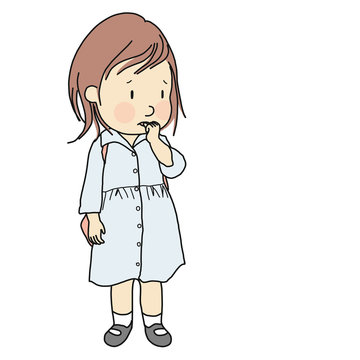 Vector illustration of little kid biting her nail to relieve anxiety, loneliness, stress. Early childhood development, nervous habit, emotional and behavior problem concept. Cartoon character design.