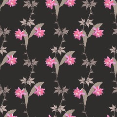 Seamless natural pattern with branches of virgin grapes, flowers and leaves of phyllocactus isolated on black background in vector. Print for fabric, wallpaper.