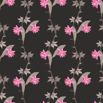 Seamless natural pattern with branches of virgin grapes, flowers and leaves of phyllocactus isolated on black background in vector. Print for fabric, wallpaper.