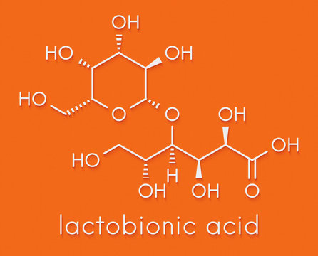 Lactobionic acid (lactobionate) molecule. Commonly used additive in food products, medicinal products and cosmetics. Skeletal formula.