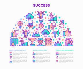 Success concept in half circle with thin line icons: trophy, idea, mountain peak, career, bullhorn, strategy, ladder, winner, medal, award, good choice, easy, certificate. Modern vector illustration.