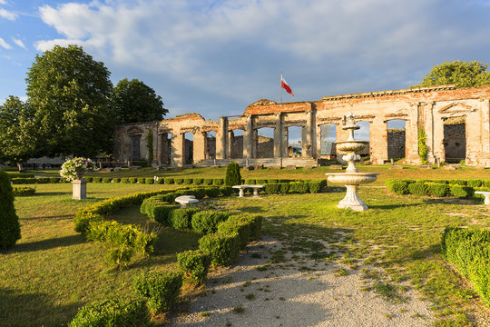 Ruins of 18th century classical palace, manor complex at sunset, situated on the Nida River near Jedrzejow, Sobkow, Poland