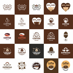 Coffee logo - vector illustration, emblem set design on black background.