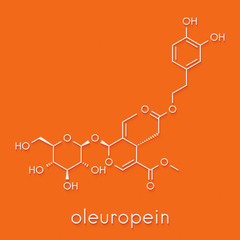 Oleuropein olive component molecule. In part responsible for pungency of virgin olive oil, may have beneficial properties. Skeletal formula.