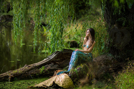 Gorgeous woman with long brown hair and dressed like a mermaid sits on the stone over water