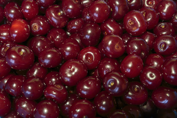 Full Frame Shot Of Red Cherries. Cherries background. Cherry with drops. Food background.