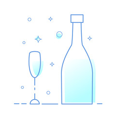 Sparkling wine glass and bottle set. Vector illustrator.