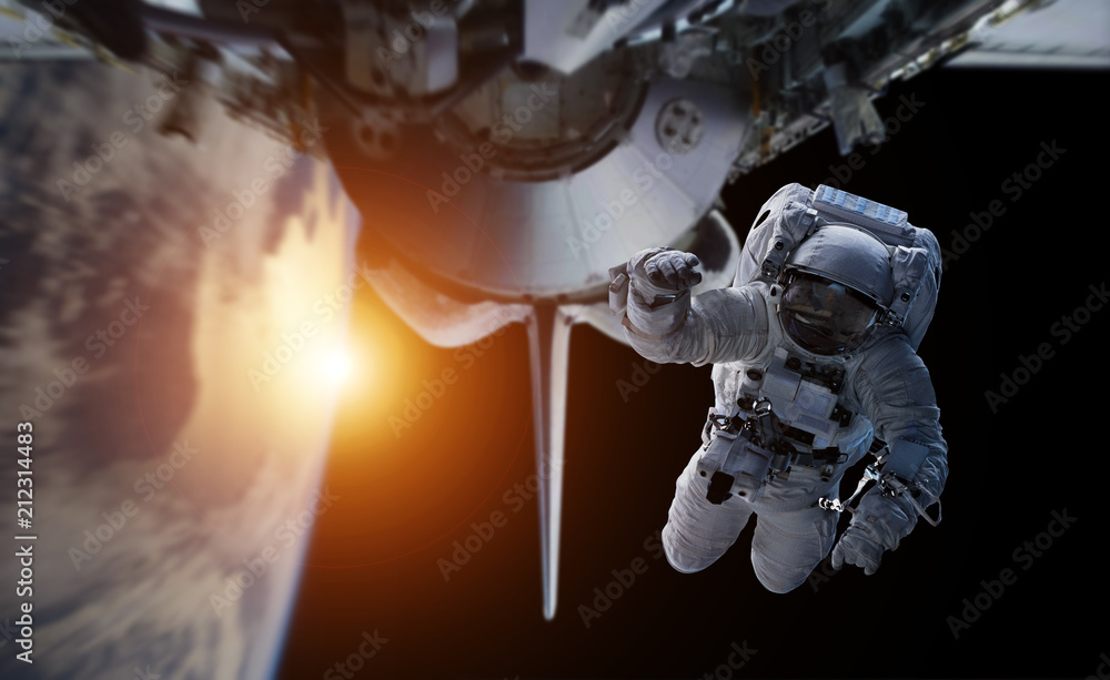 Poster astronaut working on a space station 3d rendering elements of this image furnished by nasa
