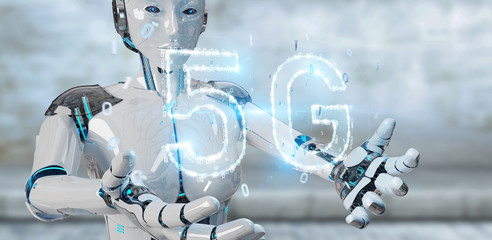 White cyborg woman using 5G network digital hologram 3D rendering
