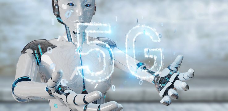 White cyborg woman using 5G network digital hologram 3D rendering