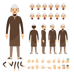 Arab man character set. Full length. Different view, emotion, gesture.
