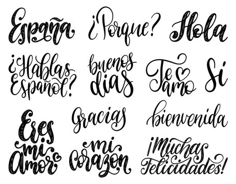 Bienvenida, Hola, Gracias, Espana translated from Spanish handwritten phrases Welcome, Hello, Thank You, Spain etc.