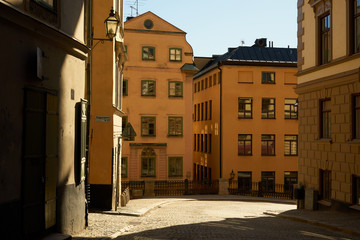 Medieval streets in Old town of Stockholm, Sweden. Shadows and lights.