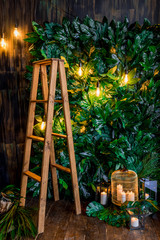 Fototapeta na wymiar Place for photos made of greenery, yellow lamps, bird cage with candles and a ladder