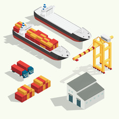 Isometric cargo logistics and transportation container ship with crane import export transport industry set icon. illustration vector